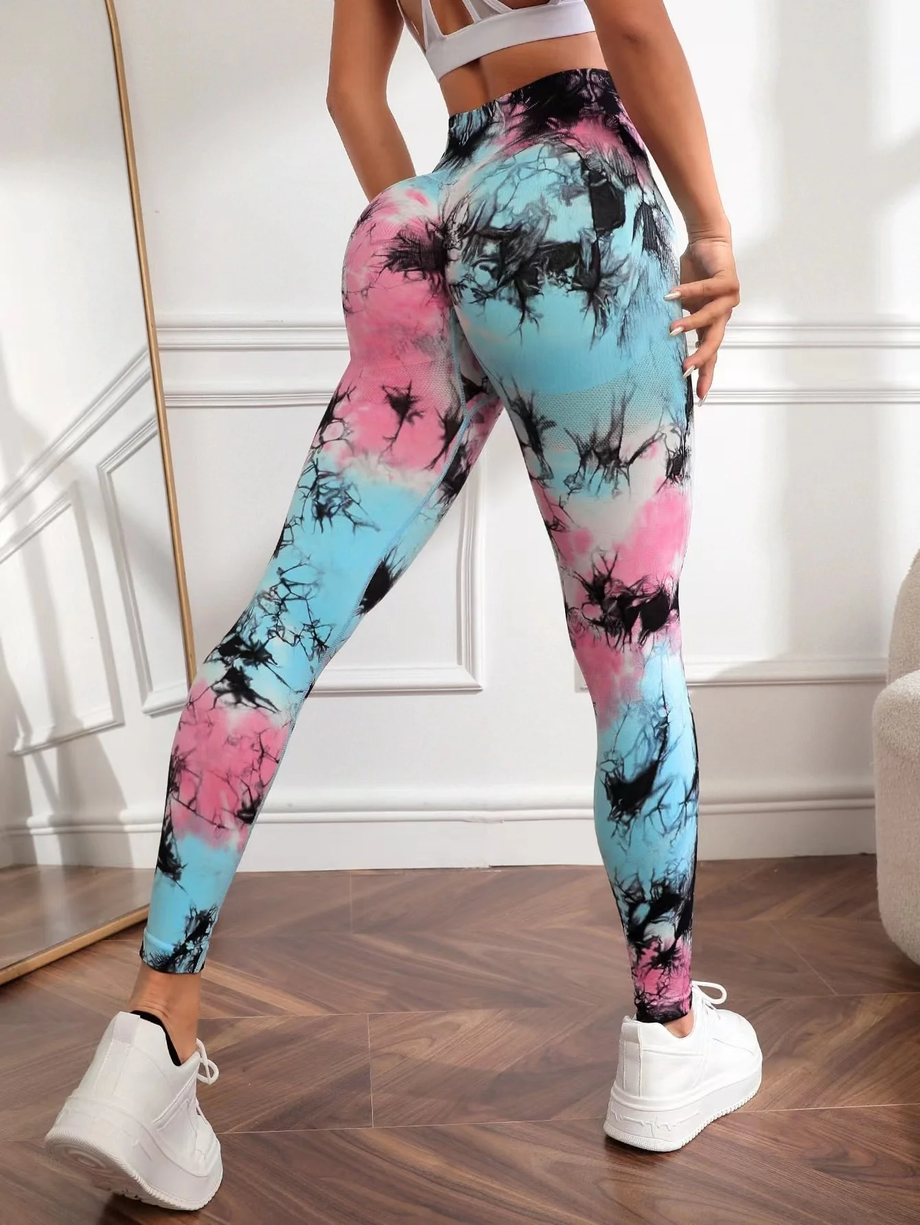 Summer High Waist Elastic Tie Dye Pants Sports Running Seamless Fitness Yoga Leggings Trousers