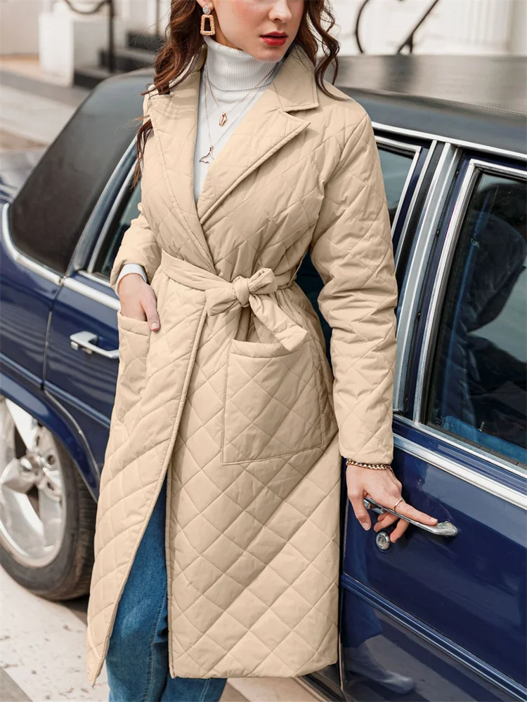

Women Long Jacket Coat for Winter 2022 Beige Fashion Parka Green Quilted Warm Jacket with Belt for Women Female Parkas Clothes
