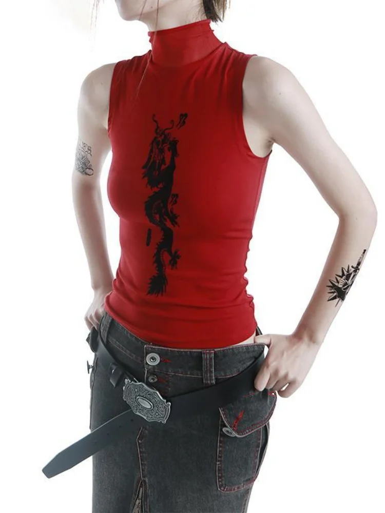 

Y2k Sexy Vintage Tank Top Women Mesh Turtleneck Sleeveless Tops Tees Harajuku Dragon Patchwork Streetwear Aesthetic Grunge Tanks