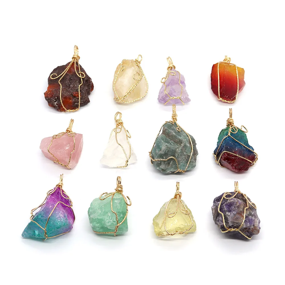 

Natural Stone Pink Crystal Quartz Necklace Irregular Geode Rock Crystal Gold Wire Pendant Necklace Reiki Healing Accessories