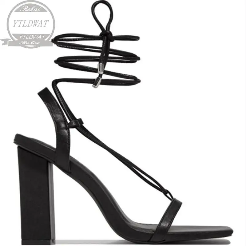 Summer Chunky Heel Sandals Open Round Toe Lace Wedge  Sandal Solid Platform Shoes Cross Strap Womens  s 2022 New