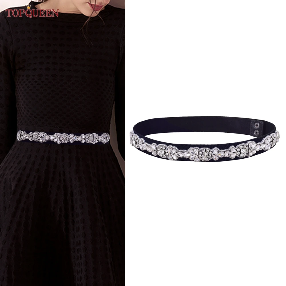 TOPQUEEN-cinturón elástico para mujer, cinturón negro de alta elasticidad, decoración de vestido con diamantes de imitación, elegante, botón brillante único