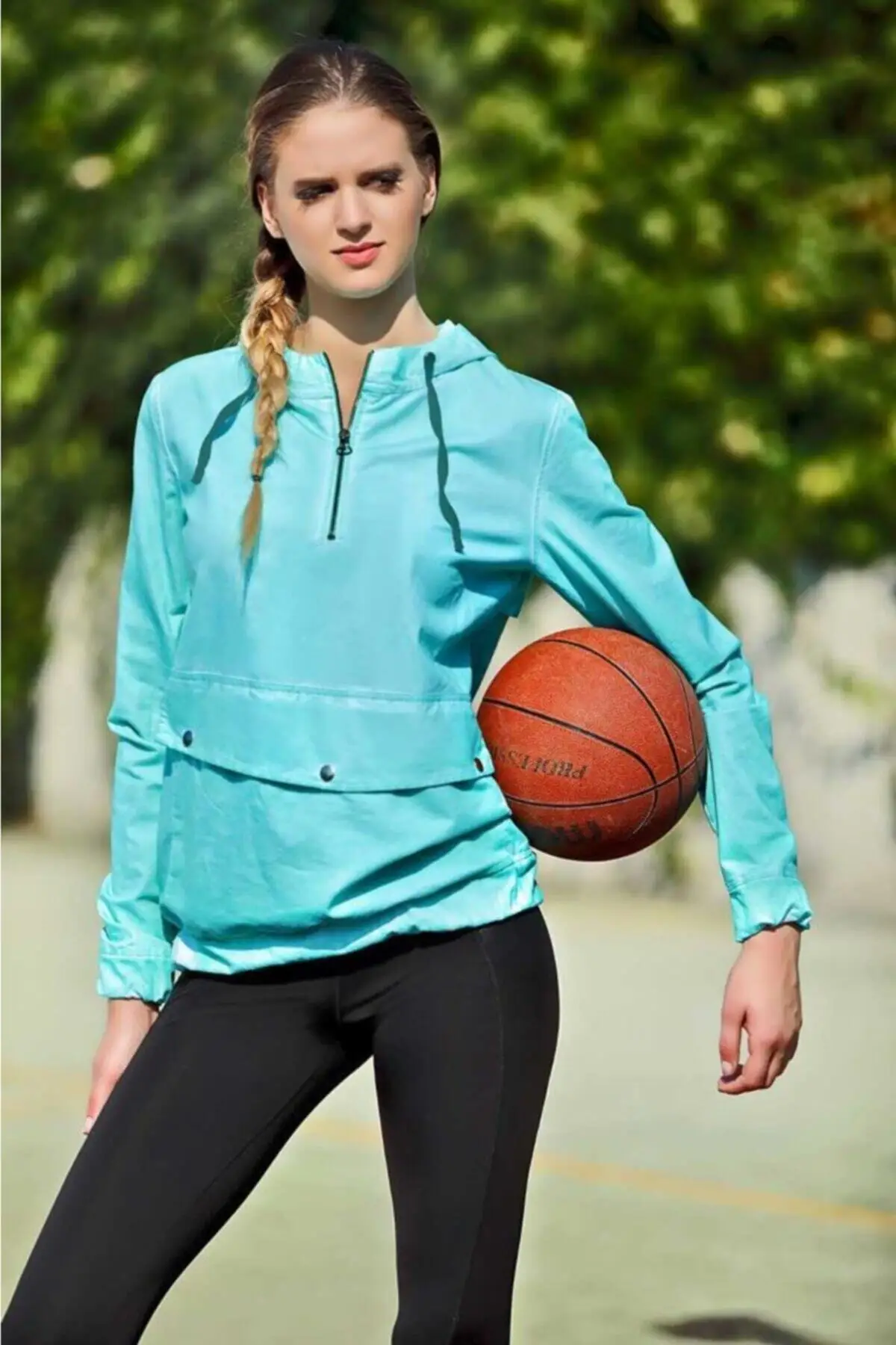 

Women's Sweatshirt 7039 Women, (turquoise) Hooded Collar With Zipper, Snap Button Pockets, Elastic Cotton On The Sleeves