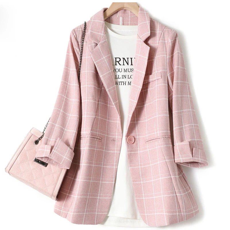 Fashion Blazers Jacket Ladies Plaid Work Office Blazers Ladies Spring and Autumn Casual Three-quarter Sleeve Jacket 2023 New