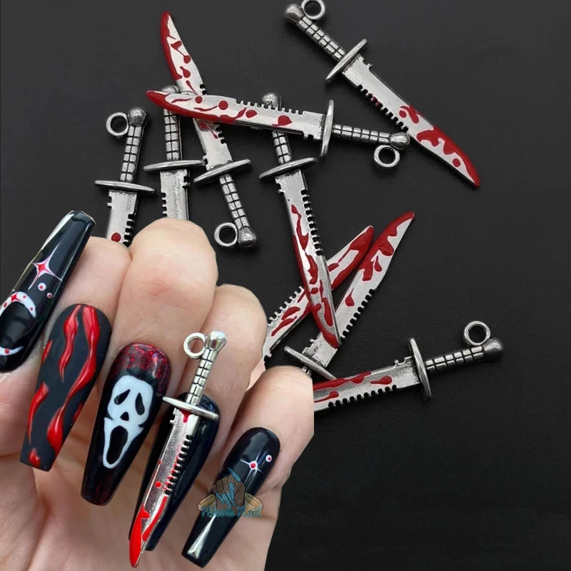 

10pcs Halloween Bloody Dagger Nail Charms Silver Weapon Shape Punk Style Jewlery Pendants Nail Art Decoration