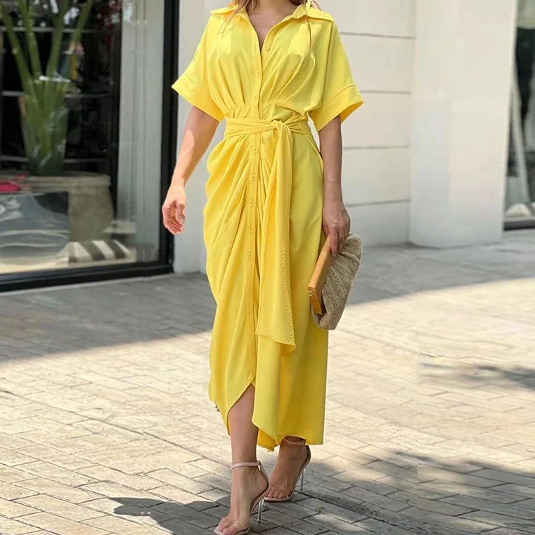 Женское длинное платье-рубашка элегантное пляжное белое летнее платье