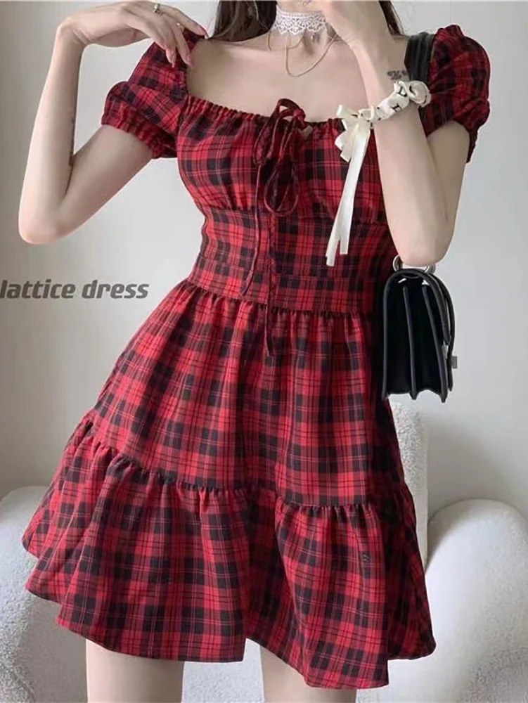 

Red Plaid Dress Summer Dress 2023 New Women's French Classic Small Bubble Sleeve Sweet First Love Skirt vintage dresses