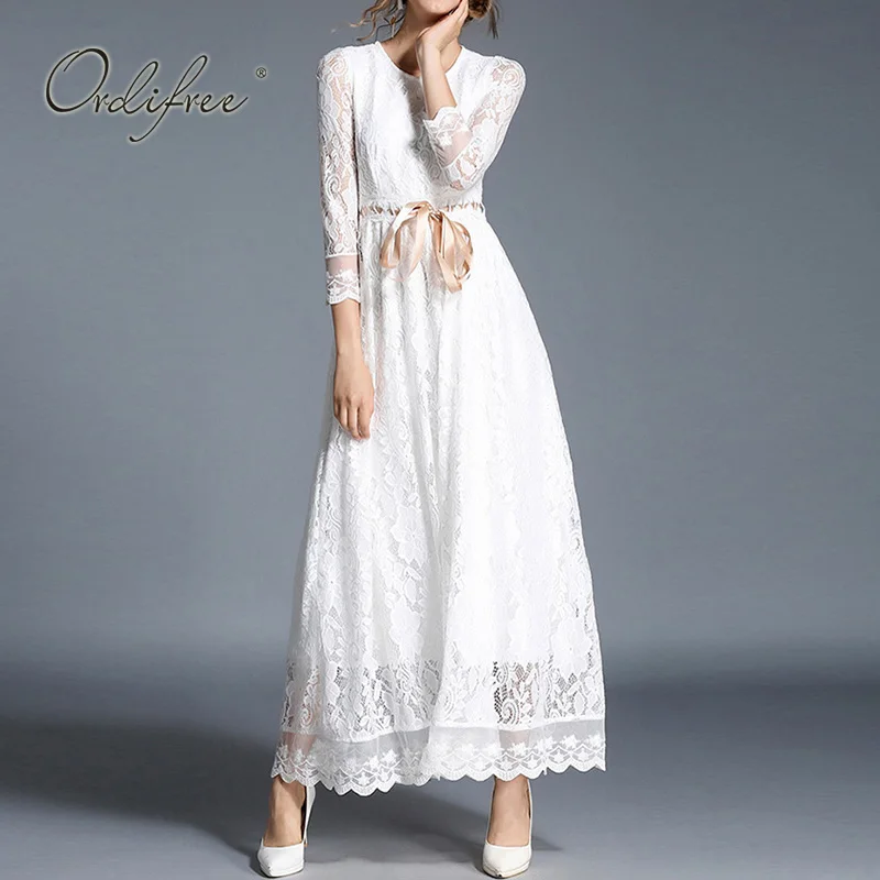 

Ordifree 2022 Summer Women Long Party Dress Vintage Elegant Lady Belted Bow White Lace Maxi Evening Dresses