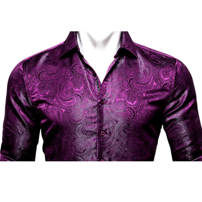New Purple Men Silk Shirt Spring Autumn Long Sleeve Floral Lapel Shirt Casual Fit Set Party Wedding Business Male Barry.Wang