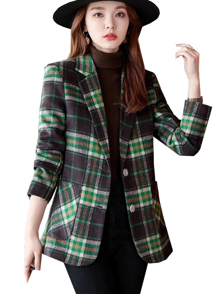 

Женский клетчатый Блейзер, повседневное однобортное пальто синего и зеленого цвета с длинным рукавом для осени и зимы