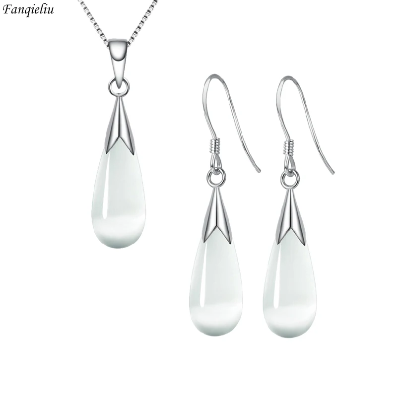 

Fanqieliu Real 925 Silver Needle Opal Drop Earrings Water-drop Pendant Necklace Jewelry Sets For Women New Trendy FQL23069