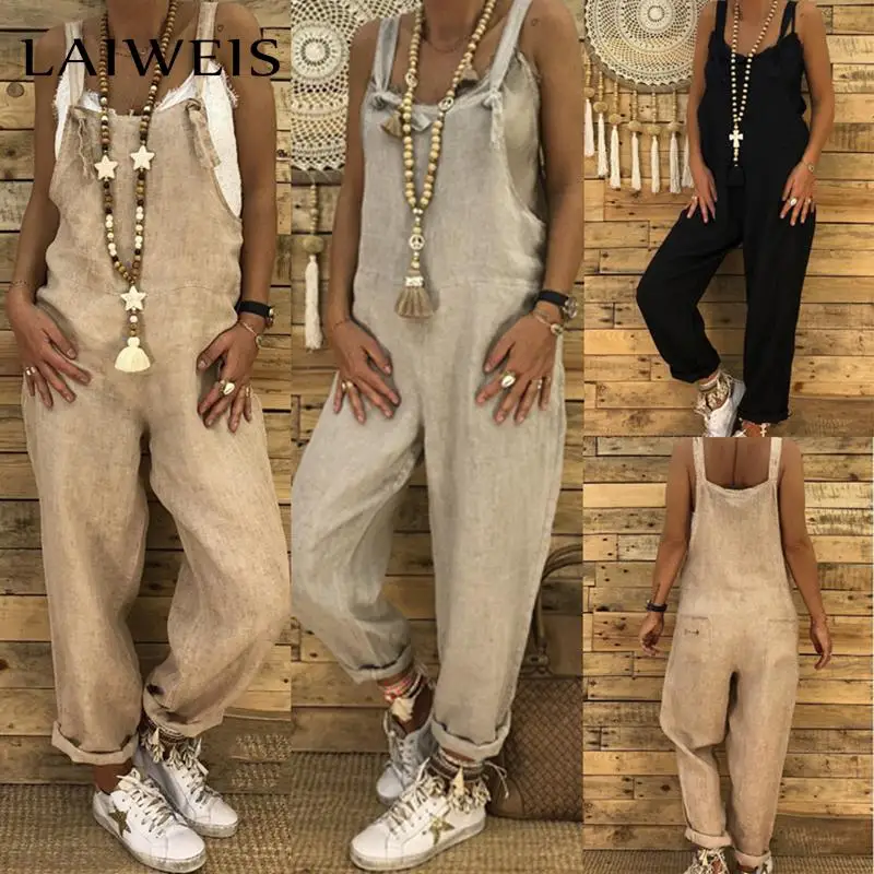 

LAIWEIS 2022 Women Casual Solid Strappy Dungarees Vintage Cotton Loose Party Long Harem Overalls Rompers Elegant Work Jumpsuits
