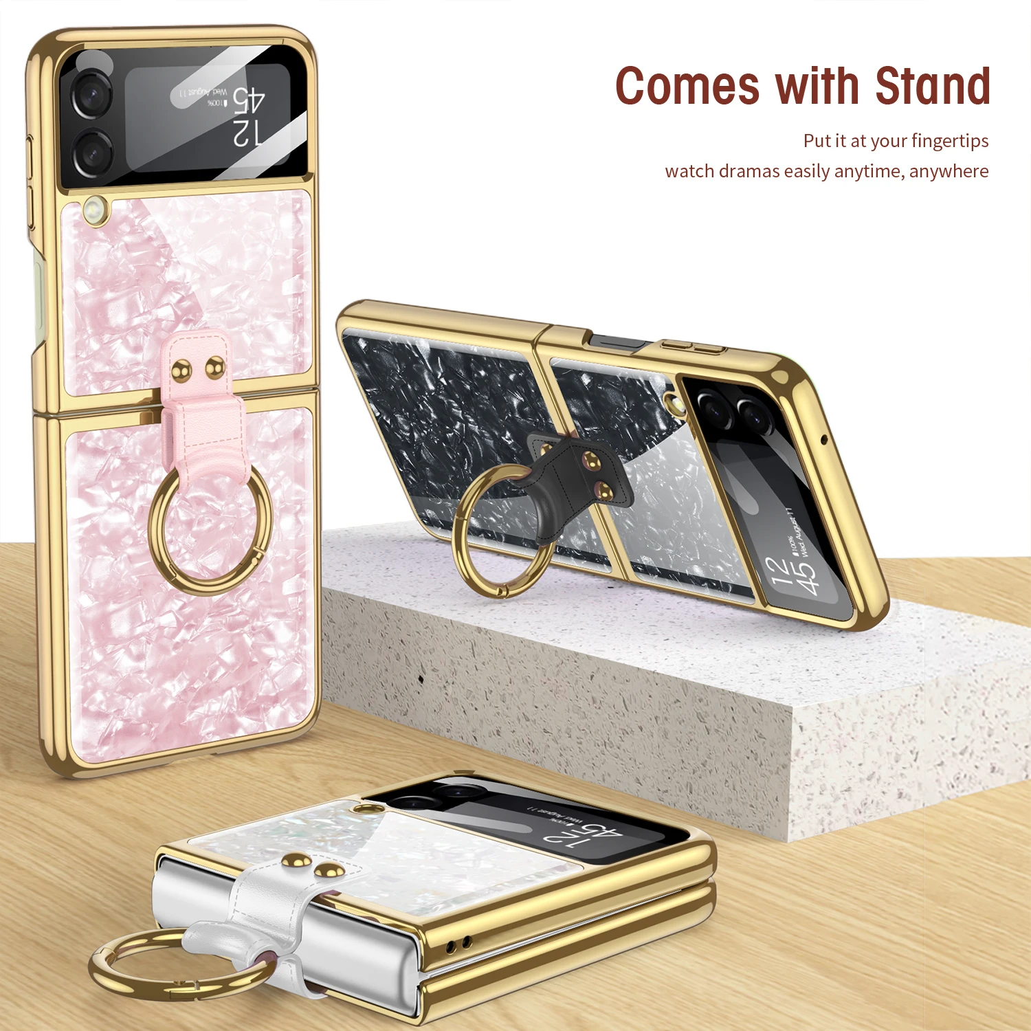 

Luxury Plating Holder Capa for Samsung Galaxy Z Flip 3 5G Case Ring Bracket Cover with Camera Glass Film Full Protective Case