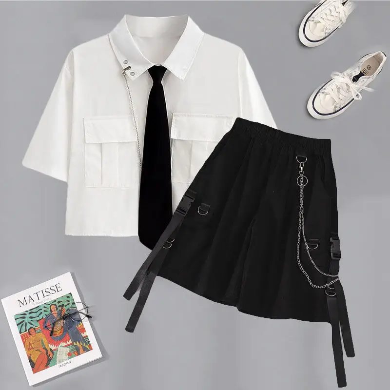 2023 пружинная цепь шорты-карго женская уличная одежда свободная футболка в стиле