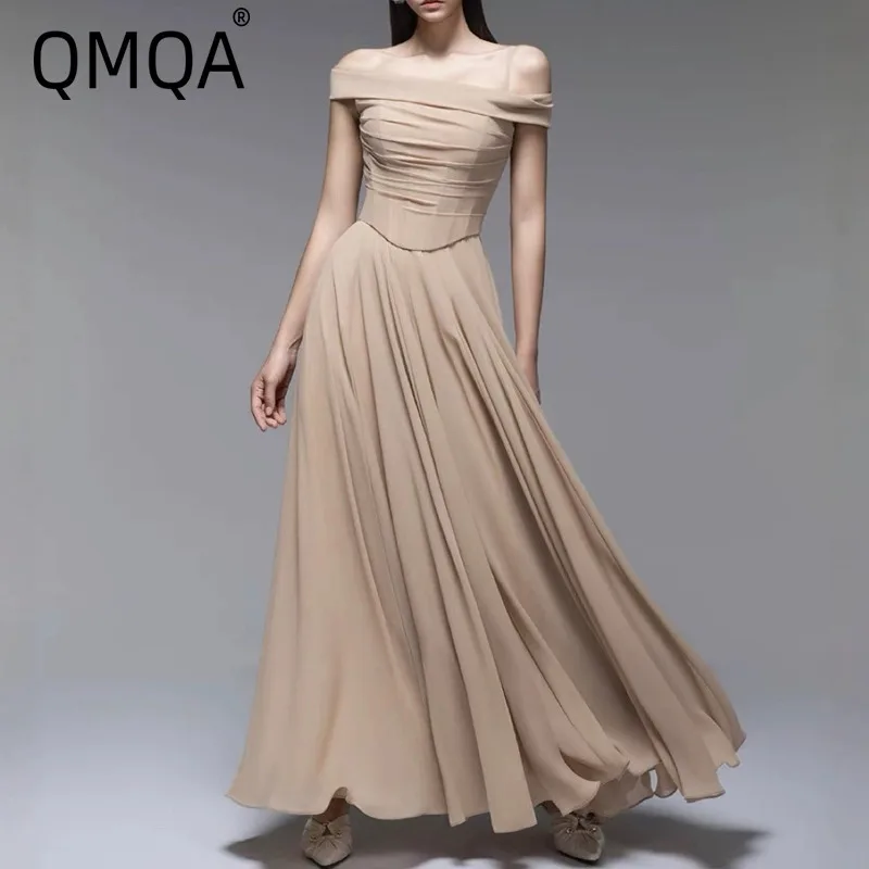 QMQA Модные женские элегантные однотонные плиссированные платья с разрезом на шее