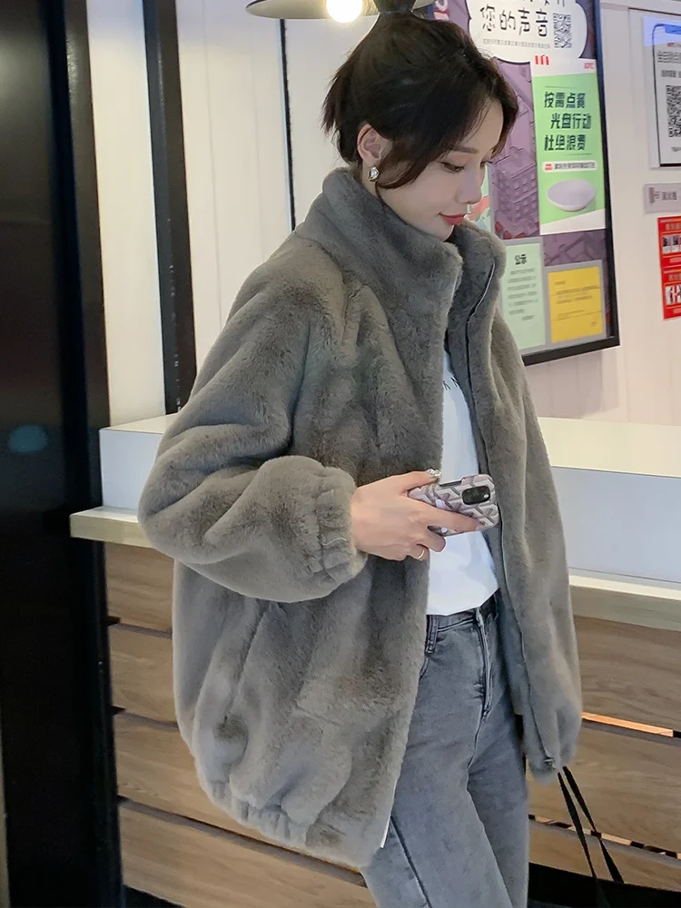 Grey Rex Rabbit fur coat women's short winter 2022 new thickened lamb fur coat women's winter simple