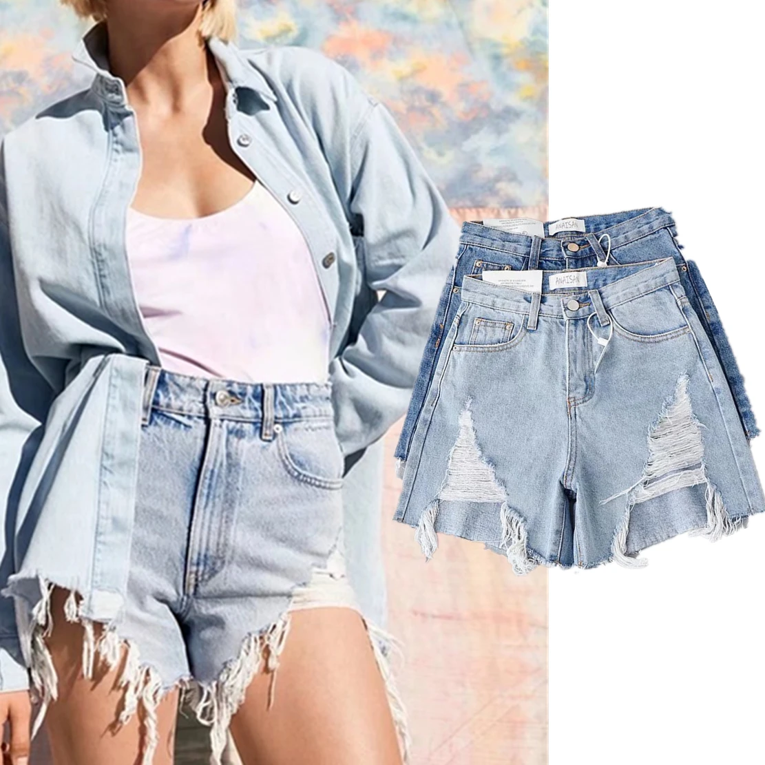 Elmsk Ins Fashion Blogger High Street American Retro Solid Color Washed Whiskered Shorts with Holes Mom Denim Bermuda