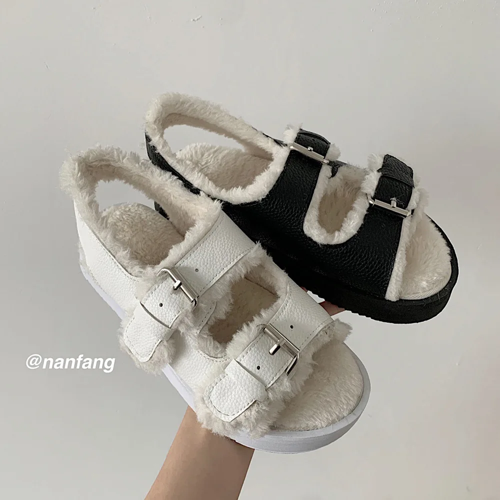 

Roman Sandals Clogs With Heel 2022 Women's Female Shoe Gladiator Thick New Girls Beige Flat Outside Fur Fashion Low Comfort Fabr