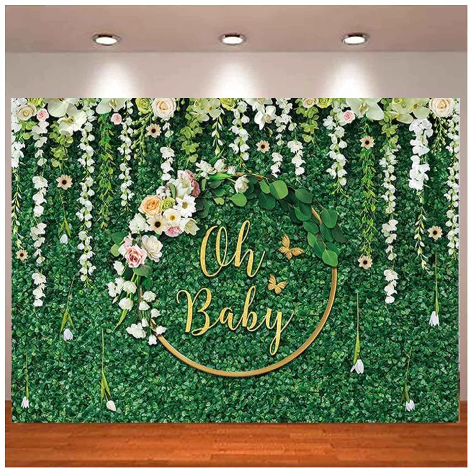 

Oh Baby Photography Backdrop Event Greenery Leaves Gold Hoop Wreath For Baby Shower Newborn Announce Pregnancy Party Background