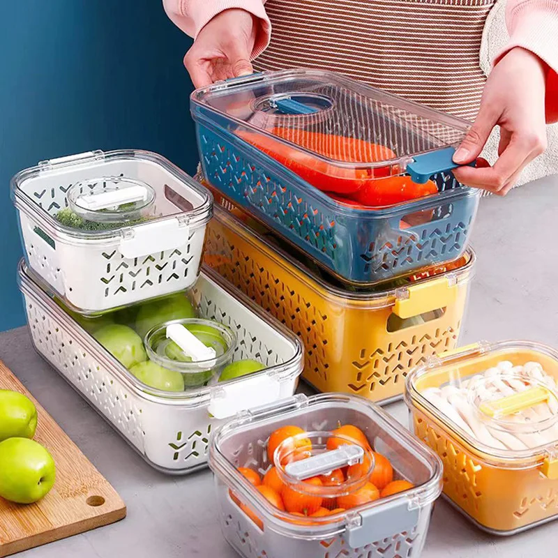 

Refrigerator Storage Box Kitchen Organizer Vegetables Fruits Fresh-Keeping Drain Basket Seafood Food Meat Large Sealed Container