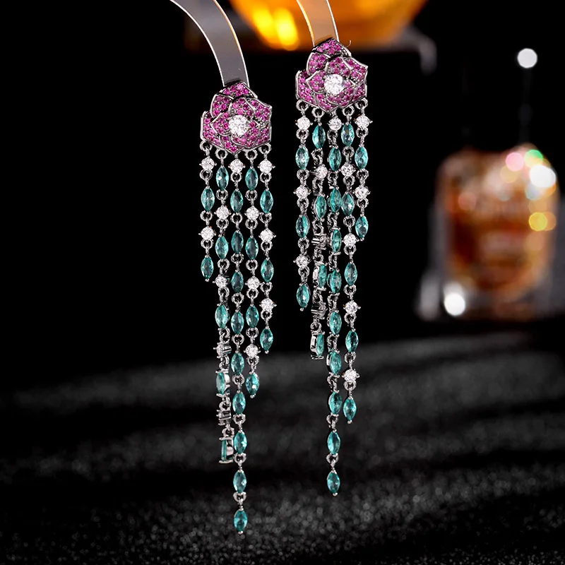 

Heavy Industry Color Zirconium Flower Dangle Earrings 925 Silver Needle Long Tassel Camellia Party Accessories Holiday Gift