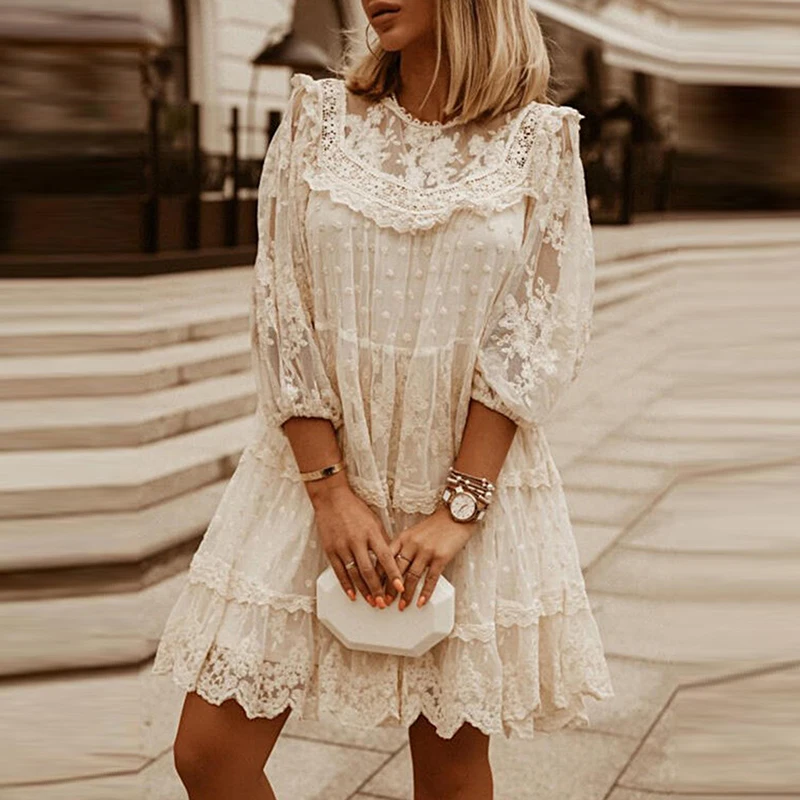 

Fashion White Lace Summer Dress Women 2023 Elegant O Neck Long Sleeve Pullover Dress Ladies Casual Hollow Loose Dresses