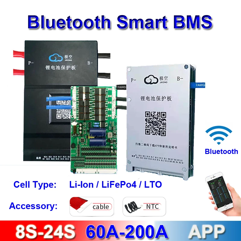 

JK BMS Bluetooth Smart Active Balance Board Li-Ion LiFePo4 Battery 4S 8S 12S 14S 16S 17S 20S 24S 60A 80A 100A 150A 200A 500A