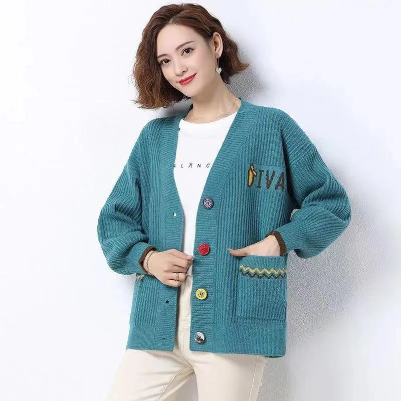 

High Grade Jacquard Knitted Sweater Jacket Women's Autumn New Winter Pocket Warm Loose Long Sleeve Knit Cardigans Coat Lady 2022