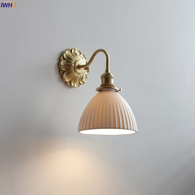 IWHD Nordic Modern LED Wall Lamps Sconce Copper Ceramic Lampshade Living Room Bathroom Mirror Light Applique Murale Luminaria