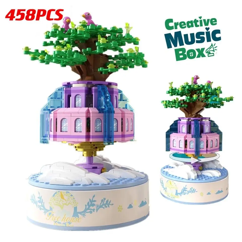 

458pcs City Friends Tree House Rotating Music Box Building Blocks Diy Street View Moc Architecture House Bricks Toys For Grils