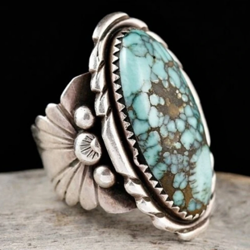 

Vintage Turquoise Ladies Ring Fashion Classic Antique Silver Metal Engraved Stripe Jewelry Gift