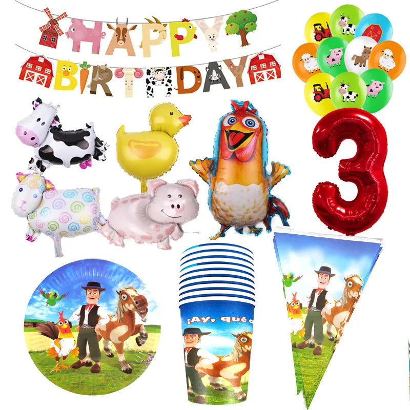 La Granja De Zenon Theme Birthday Party Supplies Farm Event Decorations Cow Chicken Balloons Disposable Tableware Plate cup flag