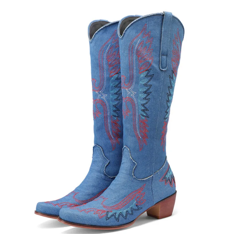 

LeShion Of Chanmeb, размер 43, женские джинсовые сапоги, ковбойские сапоги на среднем каблуке