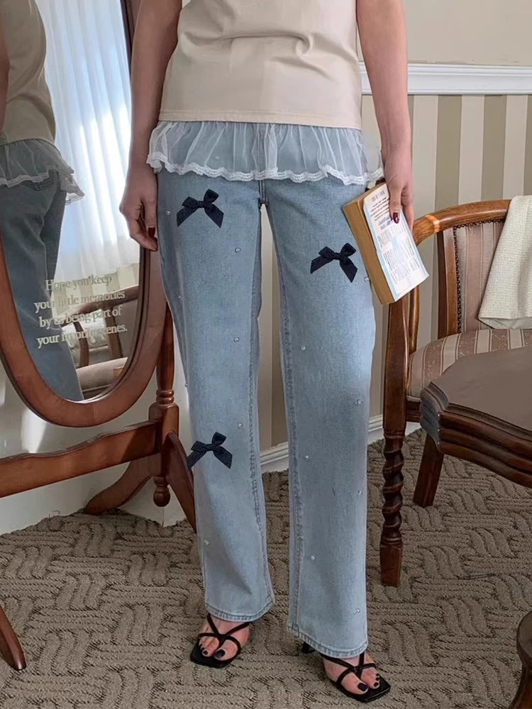 Джинсы с бантом и стразами в стиле пэчворк высокая талия Pantalones Mujer женские