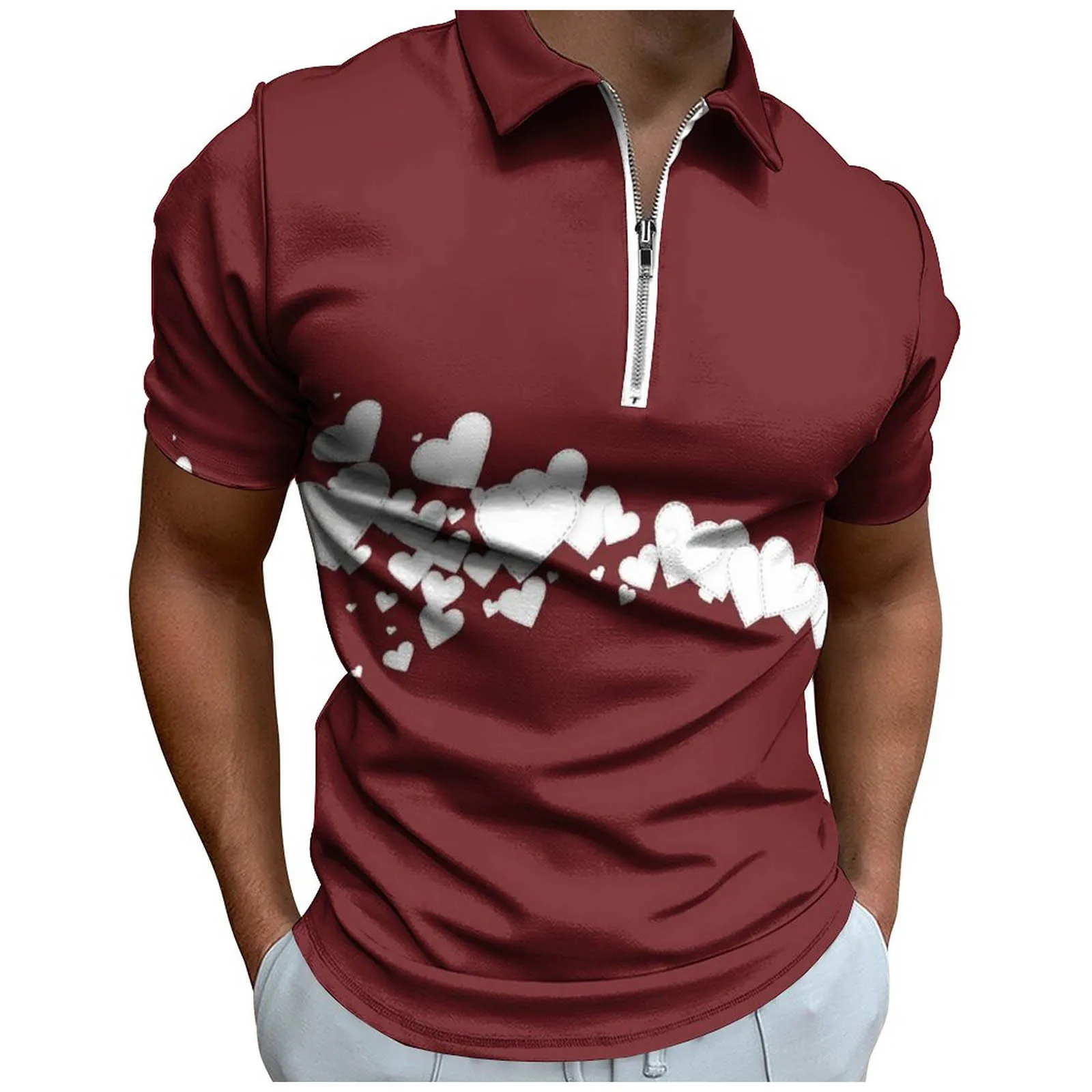 

Mens Valentines Day Fashion Casual 3D Digital Heart Shaped Print Lapel Zipper Short Sleeve Shirt Top Shirt Giant T Shirt