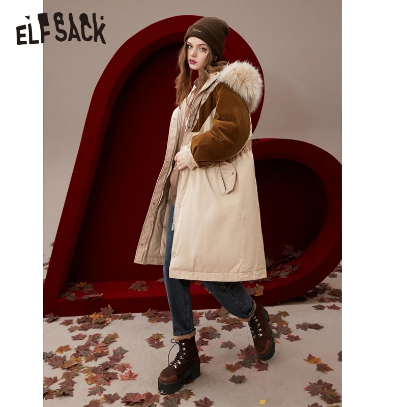 ELFSACK Spliced Down Coats Women 2022 Winter Warm Mid-length Outwears