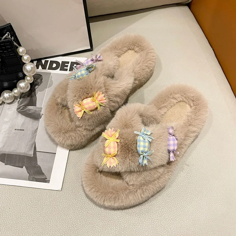 Open Toe Fluffy Slippers Women Winter Warm Flat Shoes Multicolored Faux Fur Outdoor Slippers Cross Plush Flip Flops Woman