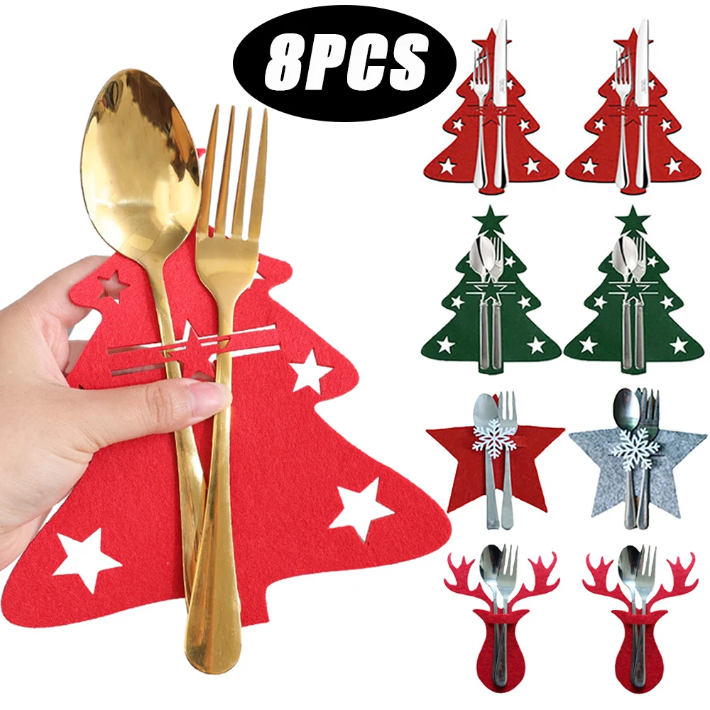 

Christmas Tree Cutlery Bags Knife Fork Covers Elk Snowflake Cutlery Cover Tableware Organizer Home Christmas New Year Decoration