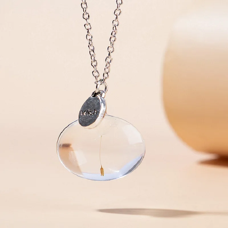 

Handmade Natural Dandelion Time Gem Necklace Simple Heart-shaped Round Crystal Pendant Women's Jewelry Wholesale