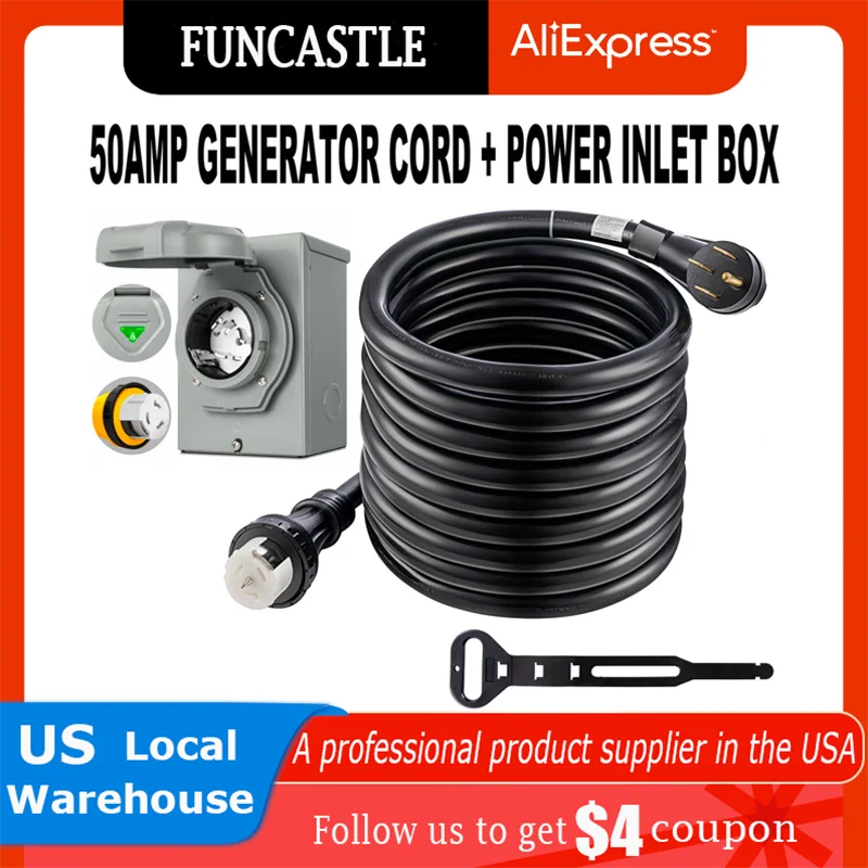 Extension Cord 25ft 50 Amp Rv Power Cable Twist Lock Stw & Power Inlet Box 125/250v