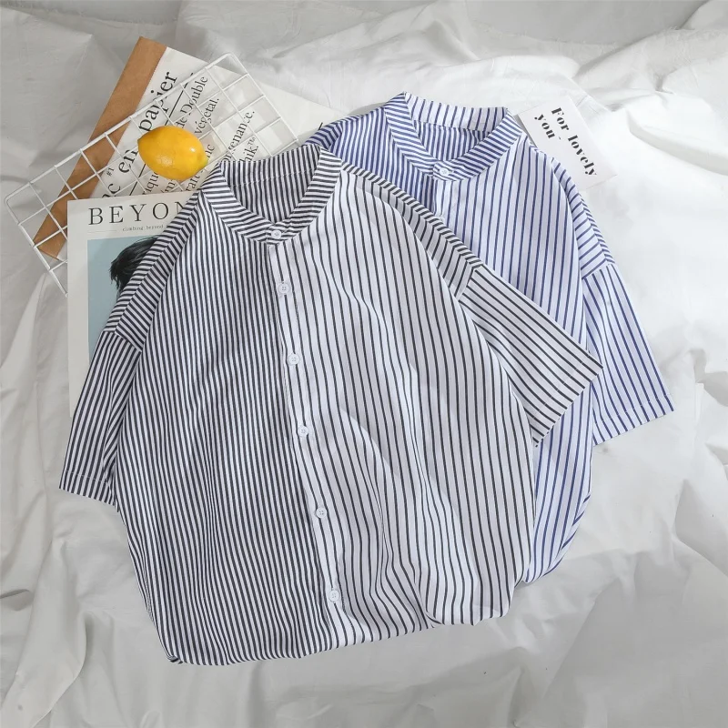 EOENKKY/Men's High Quality Summer Short Sleeve Striped Shirt 2022 New Casual Dress Shirt Men's Clothes