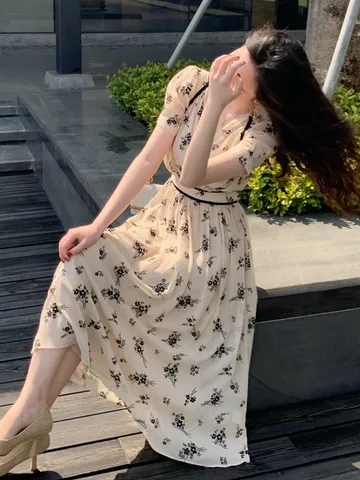 Puff Sleeve Chiffon Dress Women Print Elegant Vintage Midi Ladies Dresses French Temperament V-neck Pleated Woman Holiday Dress
