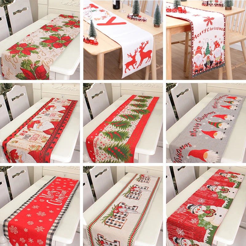

Christmas Tree Pine Needles Snowman Elk Snowflake Table Runner New Year Decor Table Cover Xmas Holiday Decoration Tablecloth