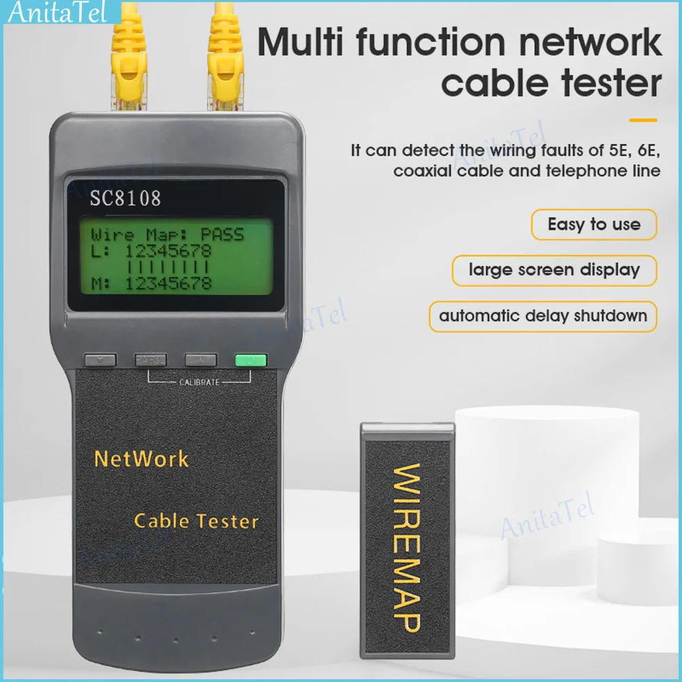 SC8108 Portable LCD Digital PC Data Network phone LAN Length Cable Tester Multifunction Wireless CAT5e RJ45 Meter Network Tester