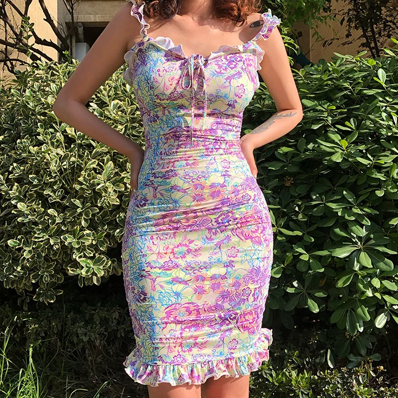 

Sexy Backless Y2k Bodycon Mini Dress Summer Edible Fungus Straps Fashion Purple Floral Printed Lace-up Ruched Dress for Women