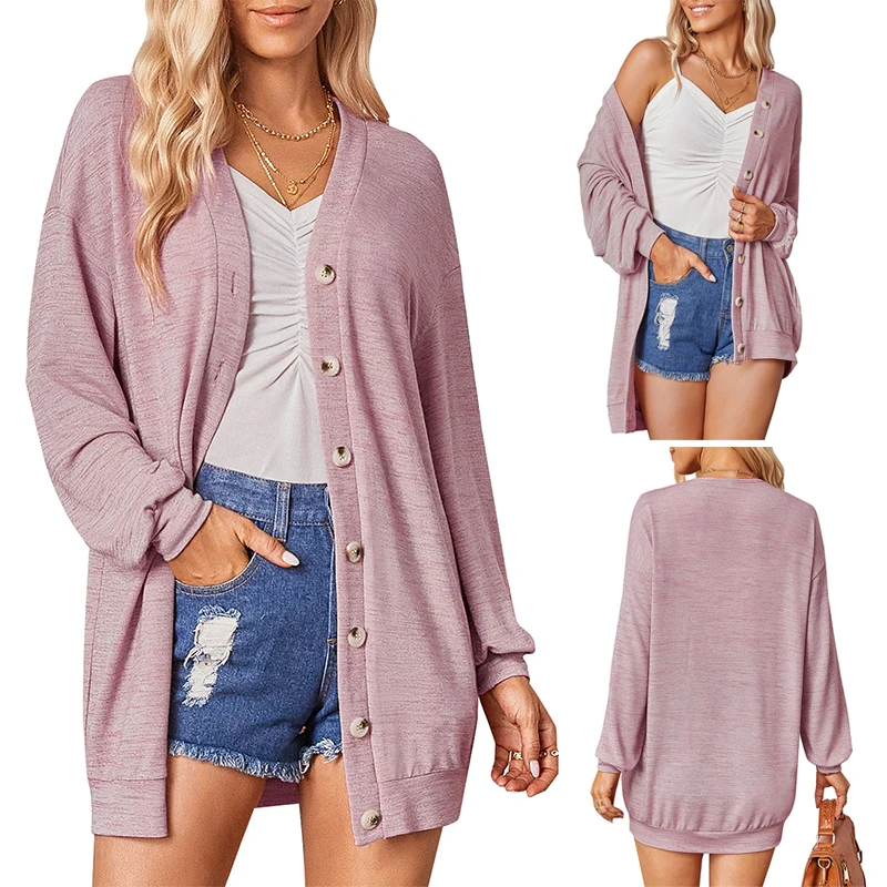 

Women's Casual Cardigan Coat Long Sleeve Solid Color V Neck Knitted Fashion Loose Single Breasted Female Clothing Spring Autumn