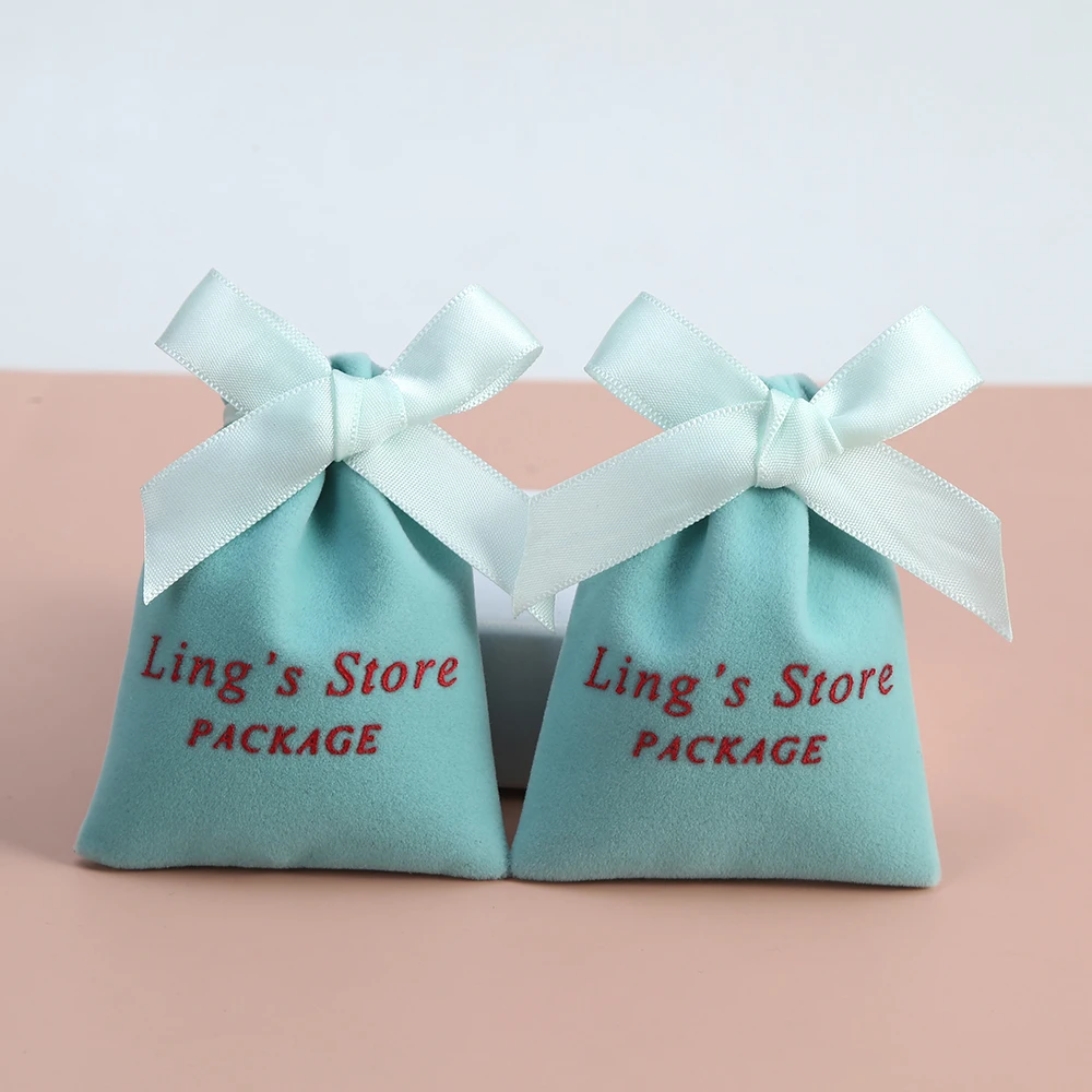 50pcs Customized Logo Velvet Drawstring Gift Bags Jewelry Pouches With Ribbon Small Packing Ring Earring Wedding Favor Candy Bag