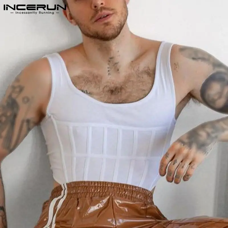 

Men Tank Tops Solid Color Striped Sleeveless Streetwear Vacation Casual Irregular Vests Sexy Skinny Men Clothing S-5XL INCERUN