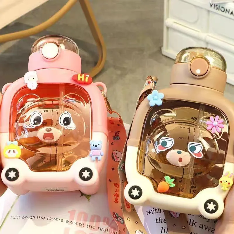 

1L Kids Outdoor Sport Water Bottle with Straw Time Marker BPA Free Drinking Kettle Cartoon Double Mouthed Plastic Drink Bottle