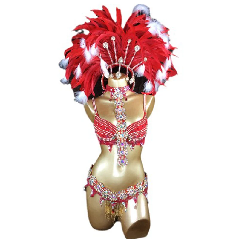 

Горячая Распродажа! Красный сексуальный карнавальный парадный костюм Samba Rio, Костюм Танцора с бисером и блестками, головной убор с перьями, одежда для представлений